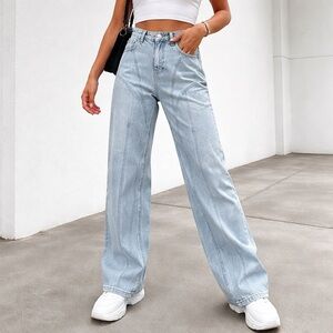 White Fox Light Blue Panel Seam Wide Leg Jeans Small Y2K Streetwear High Rise